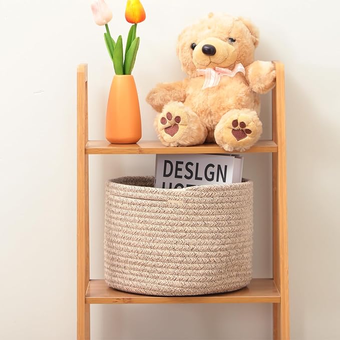 Small Basket for Organizing | Cube Shelf Closet Storage Baskets | 9.7×9.7×7.1” | Woven Rope Gift Basket | Nursery | Round 3 Packs Mixed Brown