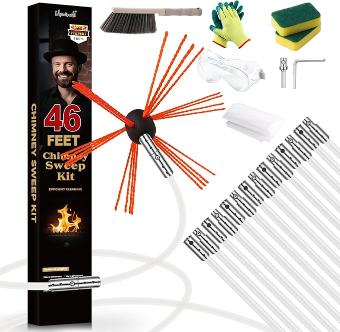 Chimney Sweep Kit - 46 Feet, Chrome Button Locking System, 14 Flexible Rods