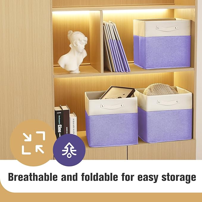 13 x 13 Inch Fine Linen Storage Bins with Handles，Fabric Cube Boxs，Collapsible Basket Organizers for Shelves for Home, Closet Drawers (White/Purple-6 Pack)