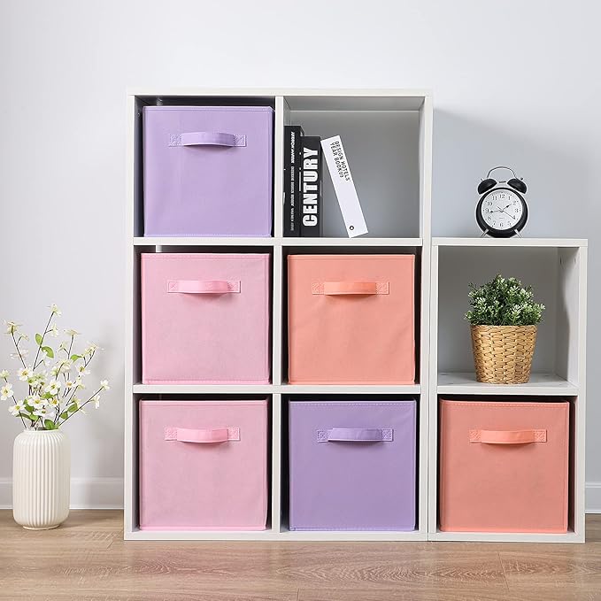 Stero 13x13x13 Inch Fabric Storage Bins 6 Pack Fun Colored Durable Storage Cubes with Handles Foldable Cube Baskets for Home, Kids Room, Closet and Toys Organization Purple, Pink, peachpuff