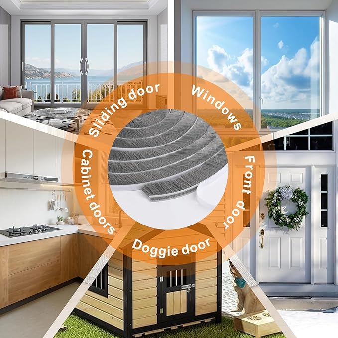 39.4FT Brush Weather Stripping, Neat Pile Self Adhesive Seal Strip for Windows and Door, Weatherstrip for Soundproofing, Windproof, Dustproof, Stronger Stickiness, 0.35'' Wide x 0.35'' Thick, Grey
