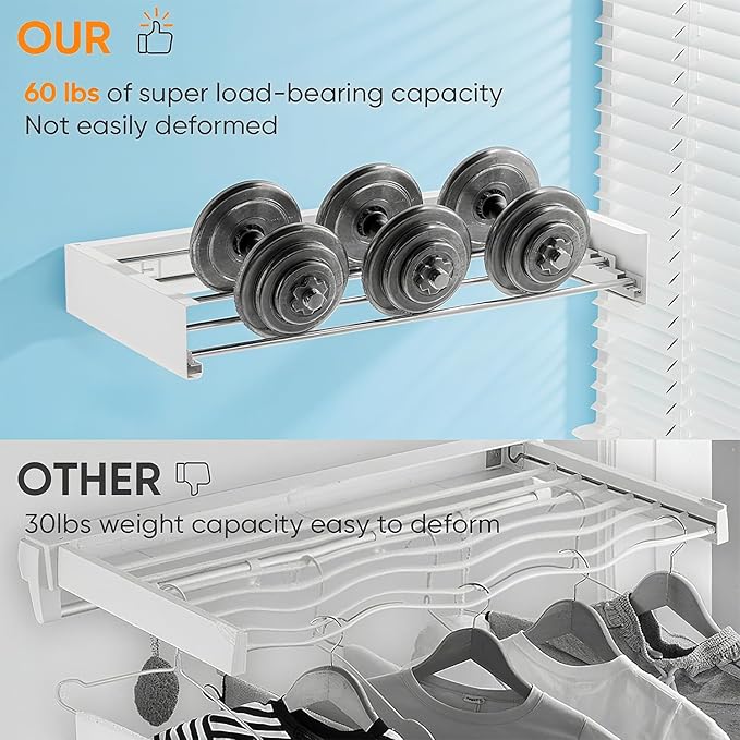 Wall Mounted Clothes Drying Rack, 5 Aluminum Rods, Collapsible, White, 32 inches (White, 32'')