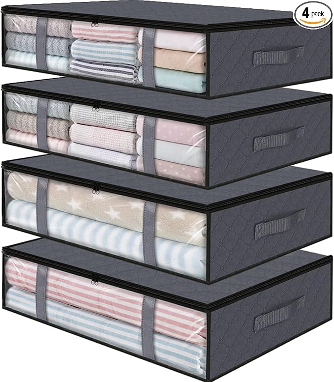 StorageRight Under Bed Storage Bins, 4-Pack 40L Foldable Fabric Storage Bags with Transparent Window, Breathable Organizer for Clothes/Blanket/Comforter/Quilt, Grey