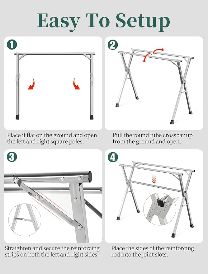 95 Inches Heavy - Duty Stainless Steel Folding Clothes Drying Rack - Indoor/Outdoor Use, Anti-Rust, 20 Windproof Hooks, Portable & Foldable (95'')