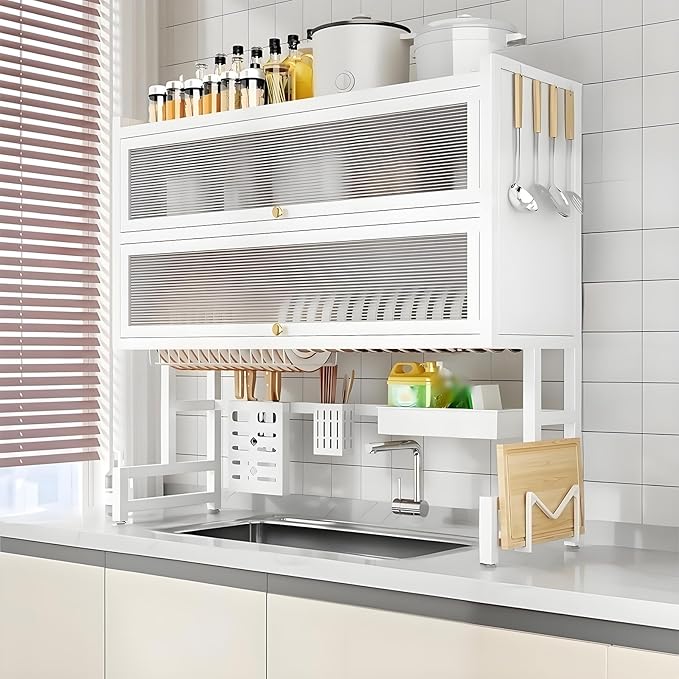 Dish Drying Rack 4 Tiers with Cover, Keep Kitchen Sink Shlef Organized Space-Saving, Large Drying Rack for Dishes, Glasses, Bowls, Cutlery white W-29.5in