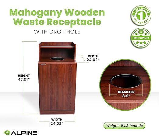 Alpine Restaurant Trash Bin Cabinet - Commercial Trash Can Garbage Receptacle Indoor with Tray Holder for 32 Gallon Garbage Bin (Mahogany)