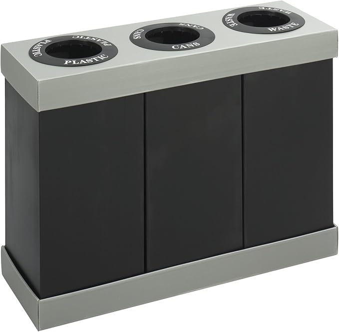 Safco Trash Can Recycle Bin Combo, 28 Gallon Each (3 Bin), At Your Disposal Recycling Center, Black/Grey