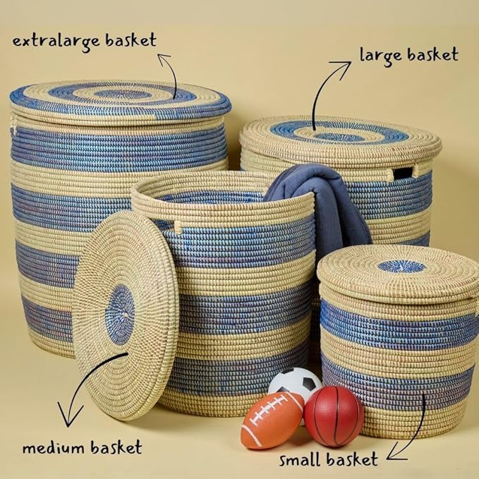 Storage & Organization - Laundry Basket, Bedroom Hamper, Nursery Toys Bin, Living Room Blankets Storage, Decorative, Wicker, Sturdy, Round, Handles, Woven, Blue Beige (Small)