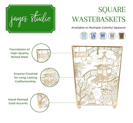 Jaye’s Studio Garden Party Decorative Gold Waste Basket for Bathroom Trash Can no Lid, Bedroom Garbage Can Square Office Trash Bin, Vanity Enamel White & Blue Bathroom Trash Can Gold Feet, 9 inch Wide