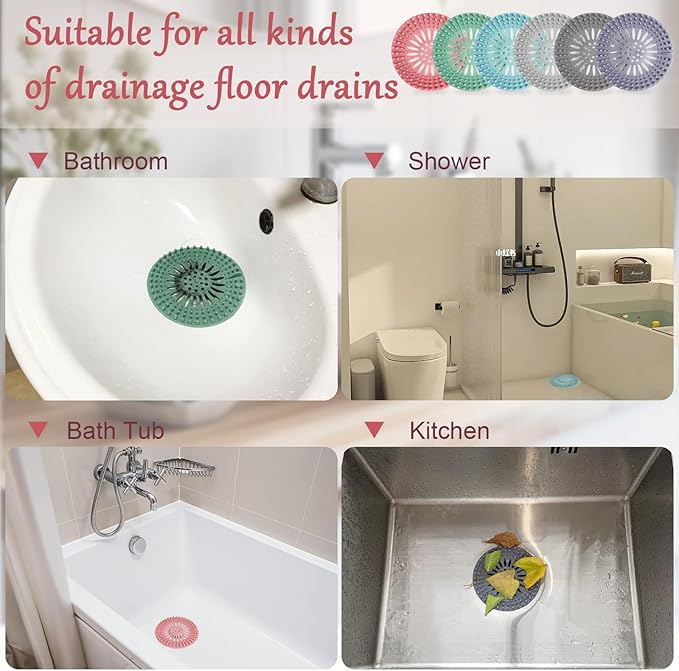 Bathroom Sink Drain Strainers, Hair Catcher Shower Drain Covers Protector - Flexible TPR Material, Multi-Color for Tub Shower Sink, 6 Pack