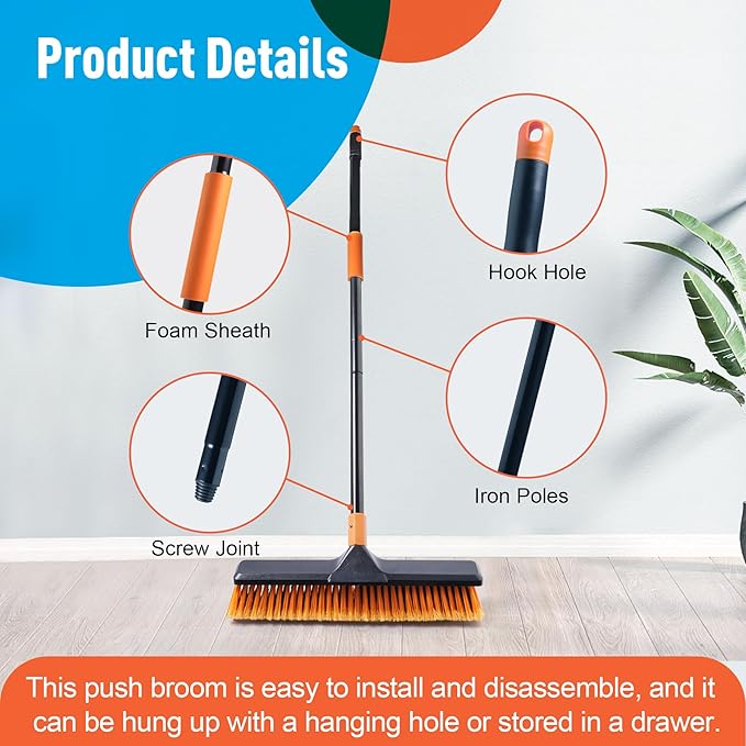 18" Push Broom Outdoor for Floor Cleaning with Extendable Long Handle, Stiff Bristle Heavy Duty Broom for Bathroom, Kitchen, Tub, Tile, Patio, Deck, Concrete, Industrial
