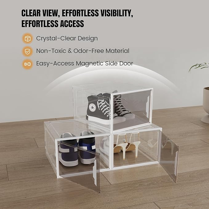 X-Large Stackable Shoe Boxes - Clear Plastic Shoe Storage Boxes with Magnetic Door, Thicken Shoe Organizer for Closet, Space Saving Foldable Shoe Containers Bins for Sneaker Boot - 6 Pack(White)