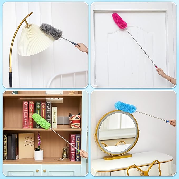 Tanlade 8 Pcs Microfiber Feather Duster for Cleaning 13-31 Inch Extendable Cobweb Dusters Ceiling Fan Duster Washable Bendable Tool for Office Car Window Furniture (Stylish Color)