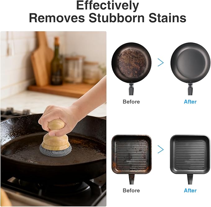 Cast Iron Scrubber and Scraper,Chain Mail Cleaner with Bamboo Handle & Draining Tray,316 Stainless Steel Brush for Cleaning Pots,Pans,Wok,Bakeware,Griddles, Grills(Large Chain Mail,2pcs)