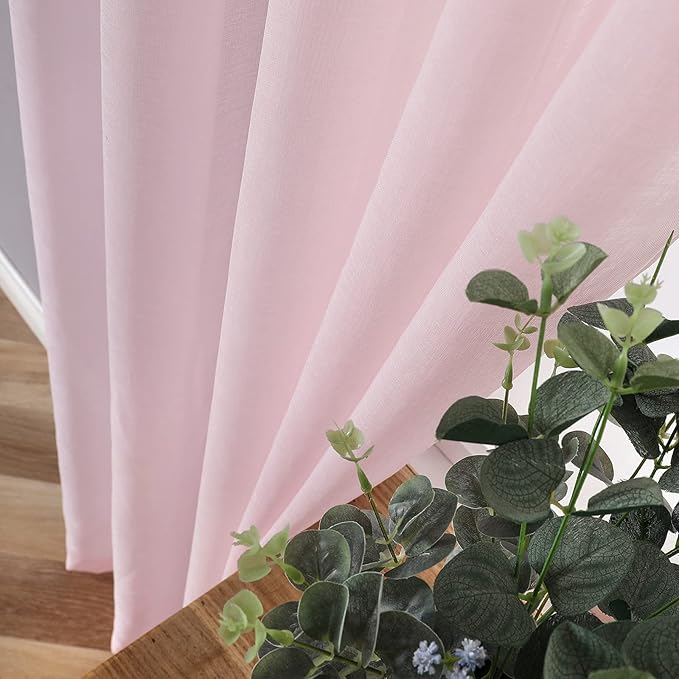 Tollpiz Sheer Curtains Linen Textured Bedroom Curtain Sheers Light Filtering Rod Pocket Voile Curtains for Living Room, 54 x 63 inches Long, Pink, Set of 2 Panels