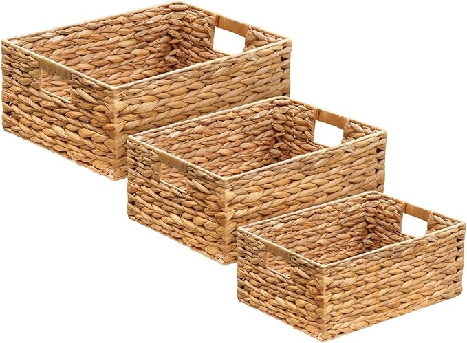 3 Pack Natural Water Hyacinth storage basket with Handle, Rectangular Wicker Basket for Organizing, Decorative Wicker Storage Basket for Living Room, 3 Mixed Sizes