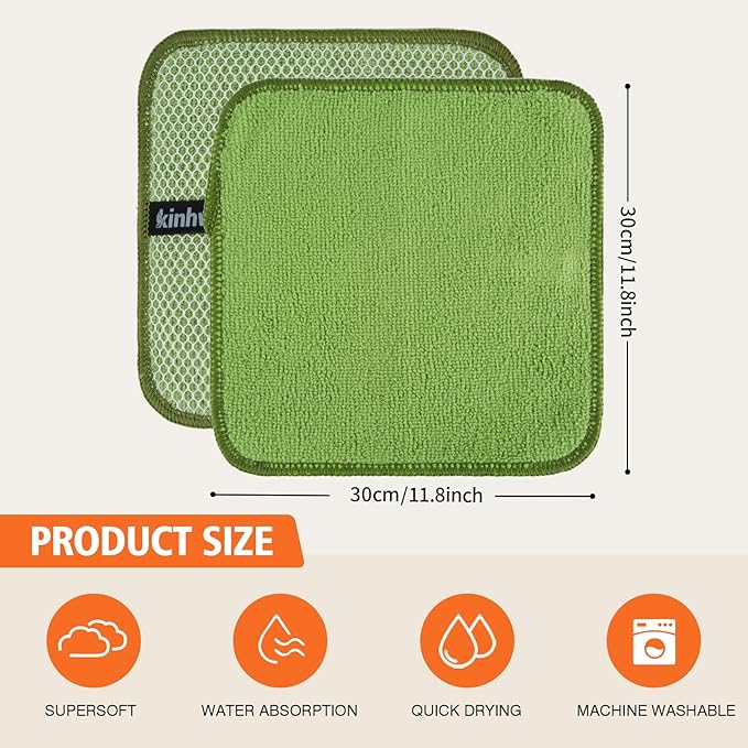 KinHwa Kitchen Washcloths for Dishes Absorbent Microfiber Dish Cloths Quick Dry Dish Rags with Poly Scour Scrub Side Ideal for Kitchen Cleaning (Green, 12inchx12inch 9 Pack)