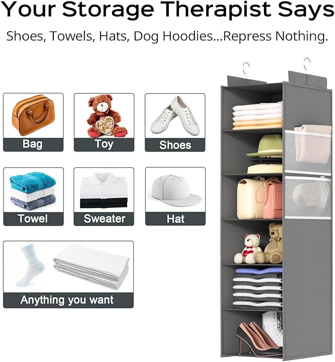 Extra Deep Hanging Closet Organizer with 6 Shelves and Oversized Mesh Pockets, Heavy-Duty Structure, No Deformation, Max Storage for Clothes, Shoes, Hats, Dorms and RVs, Grey,1-Pack