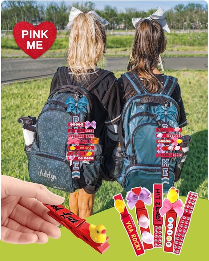 Cheer Pins for Backpack Cheer Stuff Kit 70 Red Colored Clothes Pins with Mini Resin Ducks Bows Letter Beads Team Cheerleaders Gifts Bulk Pin Me Ribbon for Bag Decorations Competition Spirit Clips