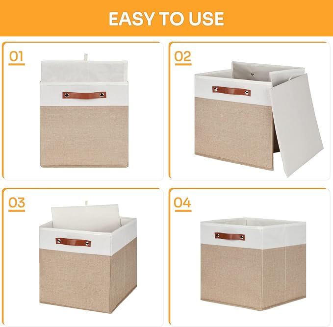 DULLEMELO Cube Storage Bins,13 x 13 x 13 inch Fabric Storage Cubes for Organizing,Collapsible foldable Linen Canvas Closet Storage Bins for Shelves Closet Bedroom Toys Home Office(White&Khaki-4 Pack)