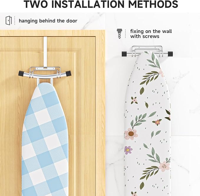 Over The Door & Wall Mount Ironing Board Hanger with Removable Hook, Metal Ironing Board Holder Organizer Wall Rack for Y & T Shaped (Silver)