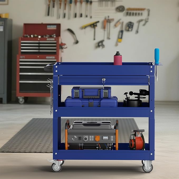 3 Tier Rolling Tool Cart with Drawers, 450 LBS Capacity Tool Cart on Wheels, Heavy Duty Rolling Utility Cart with Drawers, Rolling Utility Carts for Garage, Warehouse and Repair Shop,Blue
