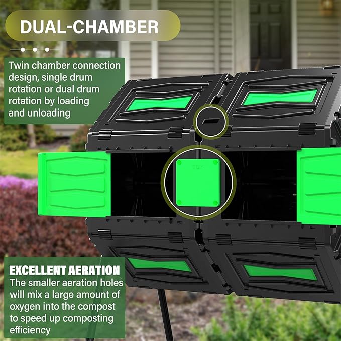 Compost Tumbler, 45 Gallon / 170L Dual Chamber Compost Bin Outdoor, 360° Rotating Composter Tumbler, BPA-Free Fast-Working All-Season Heavy-Duty Large Capacity Compost Bin Kitchen Garden Yard Waste