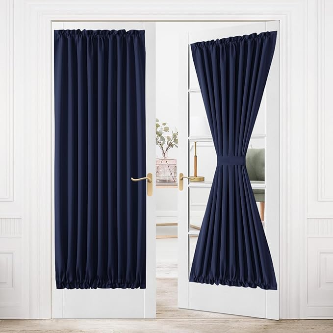 DWCN French Door Curtains Rod Pocket Thermal Blackout Curtain with Glass Window, Kitchen and Patio Door Privacy, 54 X 80 Inches Long, 1 Curtain Panel with Tieback, Navy Blue