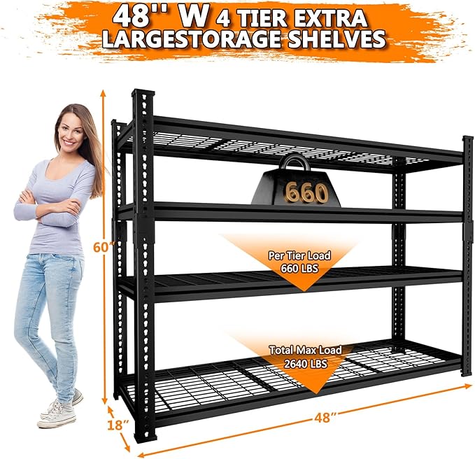 Storage Shelves Heavy Duty 2 PCS, 48"L x 18"W x 60"H Garage Wire Shelving Unit Loads 2640LBS, 4-tier Adjustable Metal Industrial Utility Shelf Rack for Kitchen, Laundry, Pantry, Warehouse, Basement