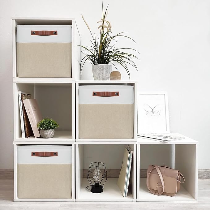 Univivi 12x12 Storage Cube Bins set of 4 Cube Organizer with Handles|Hard Bottom Fabric Closet Storage Organizer Baskets for Shelves (Khaki)