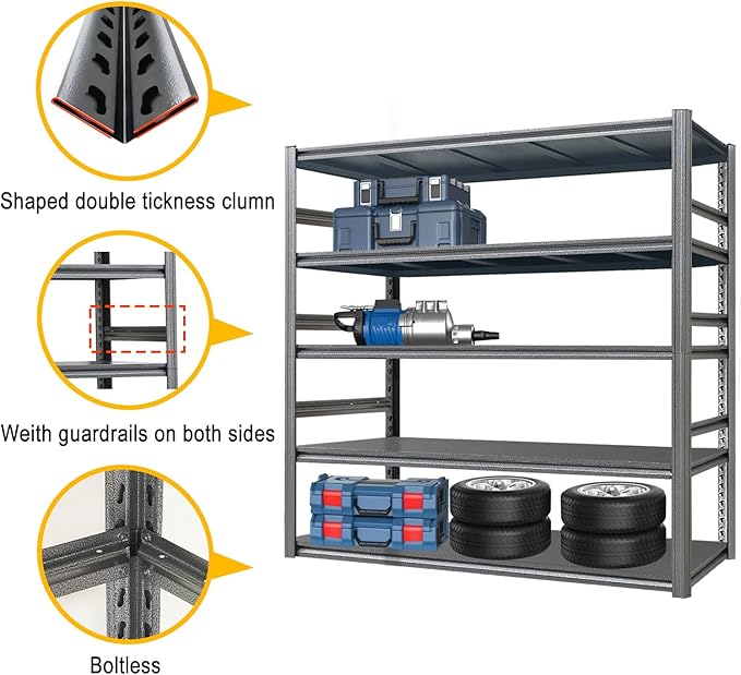 Storage Shelf 5-Tier Garage Shelving, Industrial Shelving with Guardrails, 2500LB Boltless Metal Shelves Heavy Duty for Storage Room, Warehouse, 18" D x 47.2" W x 72" H, Iron Black
