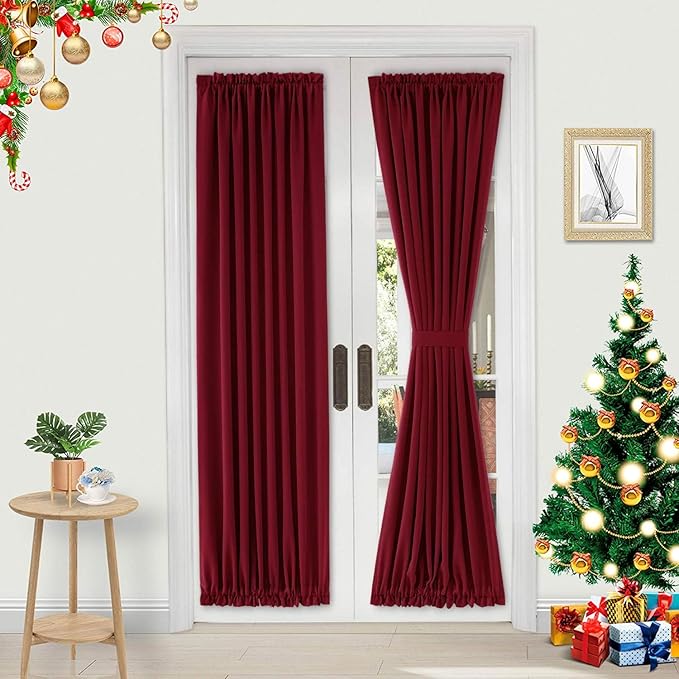 DWCN French Door Curtains - Rod Pocket Thermal Blackout Curtain for Doors with Glass Window, Kitchen and Patio Doors for Privacy, 23 X 72 Inches Long, 1 Curtain Panel with Tieback, Burgundy