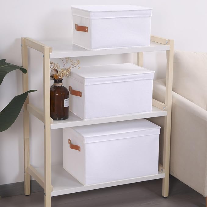 Fabric Storage Bins, Clothes Boxes for Shelves with Lids, Baskets for Organizing with Handles, Decorative Linen Closet Organizers, White, 5 Pack, 15 x 9.8 x 8.3 Inch
