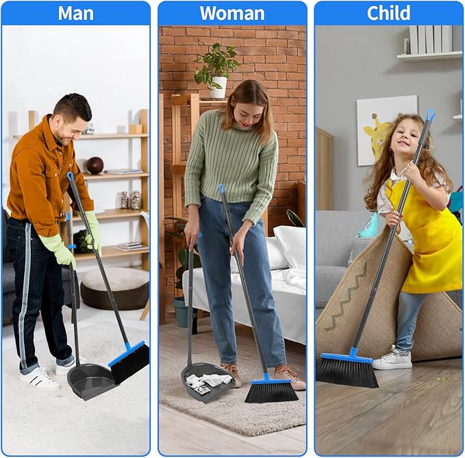 Broom and Dustpan Set ，Long Handle Broom with Upright Standing Dust pan for Indoor Outdoor Home Kitchen Office Floor Cleaning
