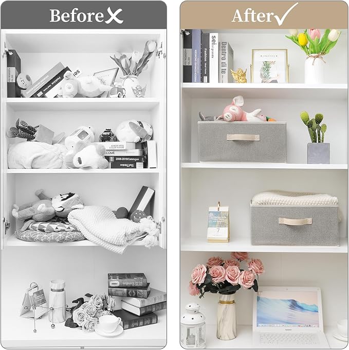 Storage Baskets, 15.7-Inch Woven Fabric Bins, Storage Cubes with Reinforced Handles, Organizer Bins for Closet Shelves, Foldable, for Toys, Clothes, Natural Beige (3PCS/Beige-15.7*11*7.8inch)
