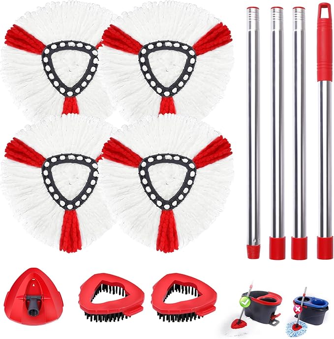 Mop Heads Replacements Complete Combo for O-Ceda,4 Pcs Red Machine Washable Microfiber Spin Mop Refills Replace Heads,2 Scrub Brushs,1 Base,1 Set Handle,Spin Mop Replacements for Tub and Tile Cleaning