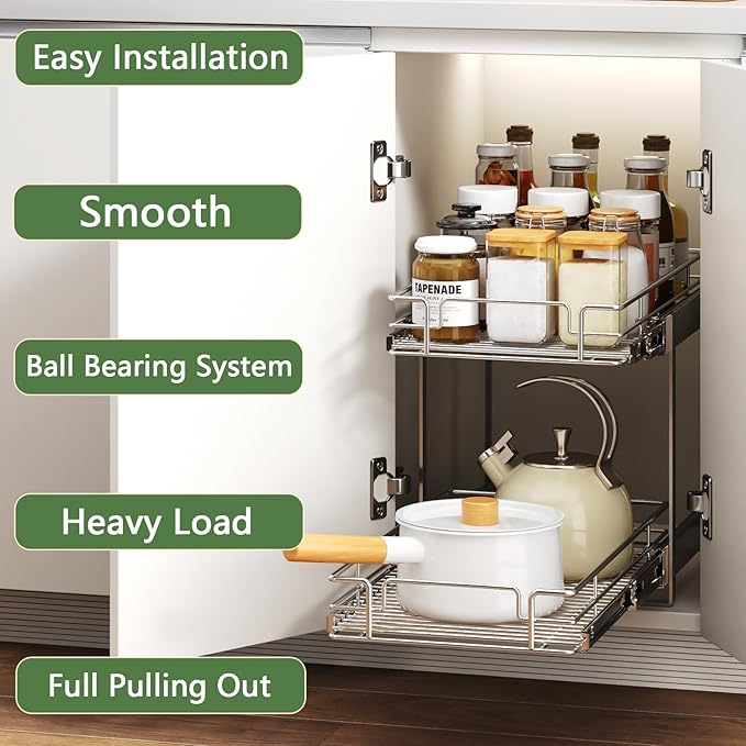 2 Tier Individual Pull Out Cabinet Organizer 11½" W x 21½" D, Heavy Duty Cabinet Pull Out Shelves, Slide Out Drawers Organization for Kitchen Cabinets Bathroom