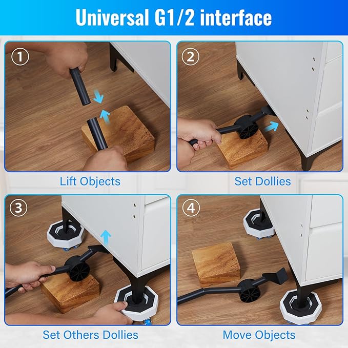 New Upgrade Furniture Sliders, Furniture Lift Heavy Duty Furniture Moving System with Roller Dolly Set Mover Tool Set750LBS- 4 Hexagonal Sliders with 4 Blue Wheels and Moving Rod