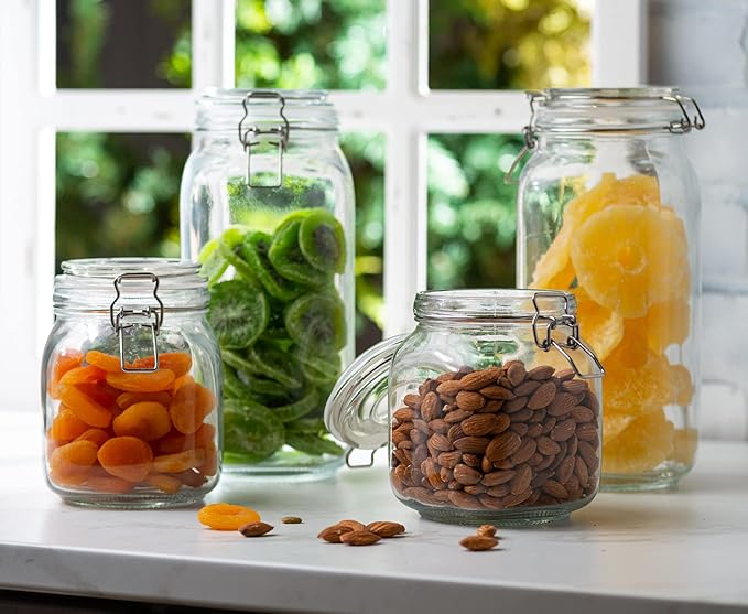 4 Glass Food Storage Jars with Airtight Lids + Chalkboard & Marker, Kitchen Canisters for Flour, Sugar, Coffee, Cereal, Pasta, Canning, Cookie Jar with Clamp Lid, Square Mason Jars 2-78oz, 2-34oz