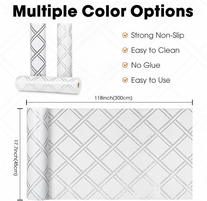 Drawer and Shelf Liner for Kitchen Cabinets Non-Adhesive Cabinet Liners for Shelves Strong Grip Non Slip Waterproof Cupboard Liner for Dresser Refrigerator, Bathroom,Silver Geometric,17.5IN X 10FT