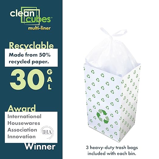 30 Gallon Disposable Pop-Up Trash Cans (3-Pack, Multi-Liner) with Fitted Bags – Foldable Garbage & Recycling Bins for Parties, Events & Kitchen (Recycle 30" H x 14" W x 17" D)