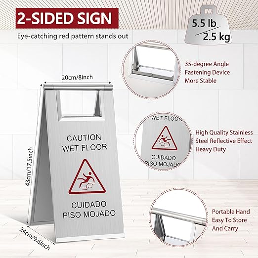 Kigley 2 Pcs Wet Floor Sign, 17 Inch Stainless Steel Caution Wet Floor Sign Double Sided Portable Foldable Bilingual Safety Warning for Hotel Market Restroom Restaurant Office (Silver)