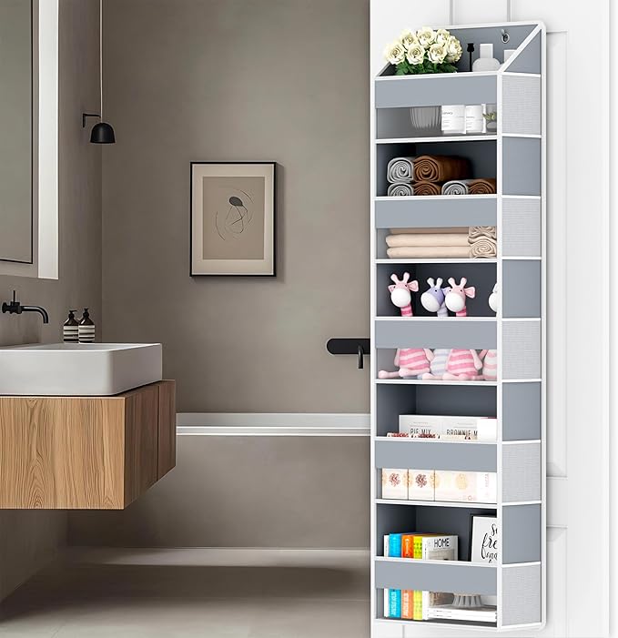 Over The Door Organizer - Over Door Storage Organizer with 5 Large Pockets & 10 Mesh Side Compartments - Heavy-Duty Hanging Storage for Bathroom, Bedroom & Closet - Baby Room Organize Solution