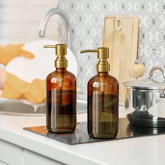 AmazerBath Amber Glass Soap Dispenser, 2 Pack Vintage Brown Bottle with Stainless Steel Pump,17 Oz Hand Dish Soap Dispenser Bottle, Modern Soap Dispensers for Bathroom Kitchen