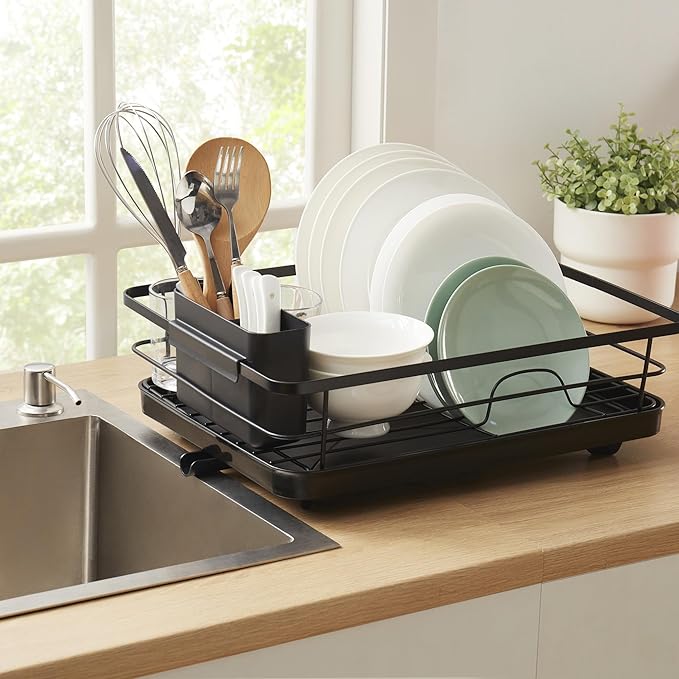 Dish Drying Rack 3 Piece Dish Drainer with Drainboard Set for Kitchen Counter – Kitchen Dish Rack with Removable Utensil Holder & Swivel Spout for Countertop – DishRack for Plates, Cups & Organization