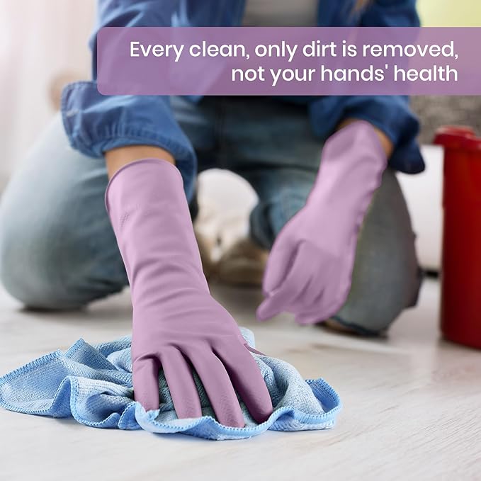 Rubber Cleaning Gloves for Dishwashing, 4 Pairs Reusable Kitchen Gloves for Washing Dishes and Household Cleaning, Purple Dish Gloves with Flocked Lining and Non-Slip Grip, Pefect for Woman Men - M