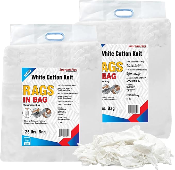 Premium White T-Shirt Cleaning Rags (50 lbs. Bag of Rags) – White Cotton Rag for Cleaning, Staining, Painting, Oil, Grease & Dust Removal – Shop Rags Bulk