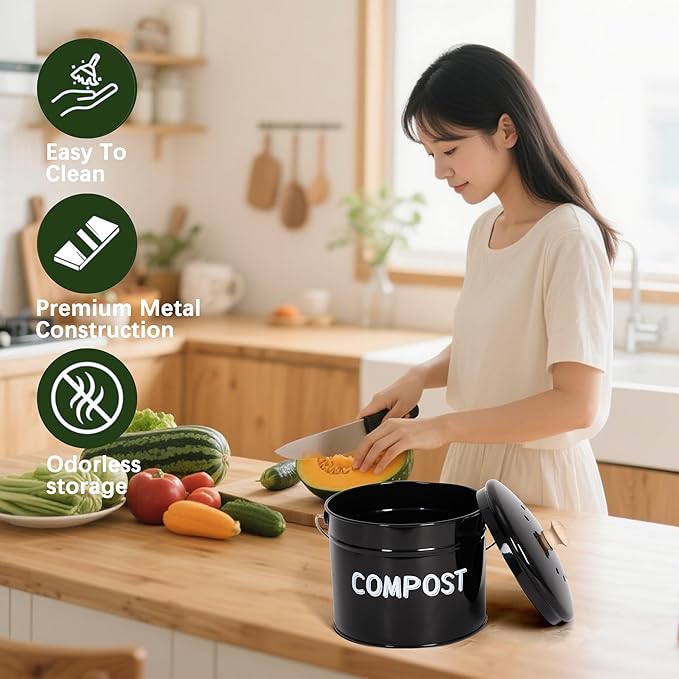 Compost Bin for Kitchen Counter, 1 Gallon Compost Bucket with Lid and Charcoal Filter, Countertop Composter, Rust Proof Indoor Food Waste Bin, Black