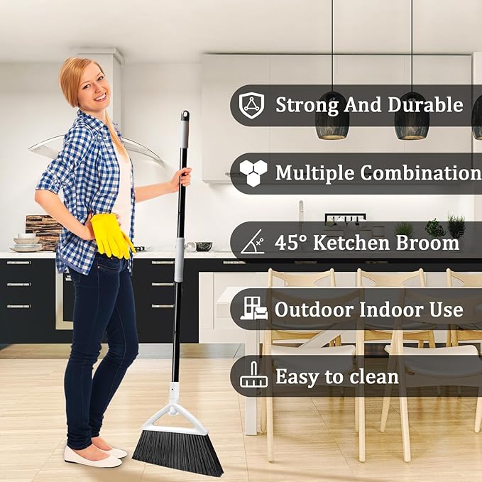 4 Pack Outdoor Indoor Broom, Brooms for Sweeeping Indoor, Heavy-Duty Kitchen Broom with Long Pole, Angle Broom White for Garages Restaurant Courtyard Office Slidewalk Lobby Sweep Dust