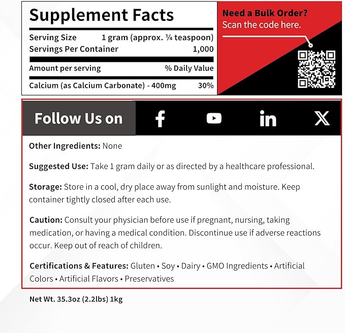 Calcium Carbonate Powder - Bulk 1 kg (2.2 lb) - 100% Pure Food Grade Limestone Supplement Ingredient - Wine Deacidification & Anticaking Antacid Excipient - Chalk Paint Filler Whiting Window Treatment